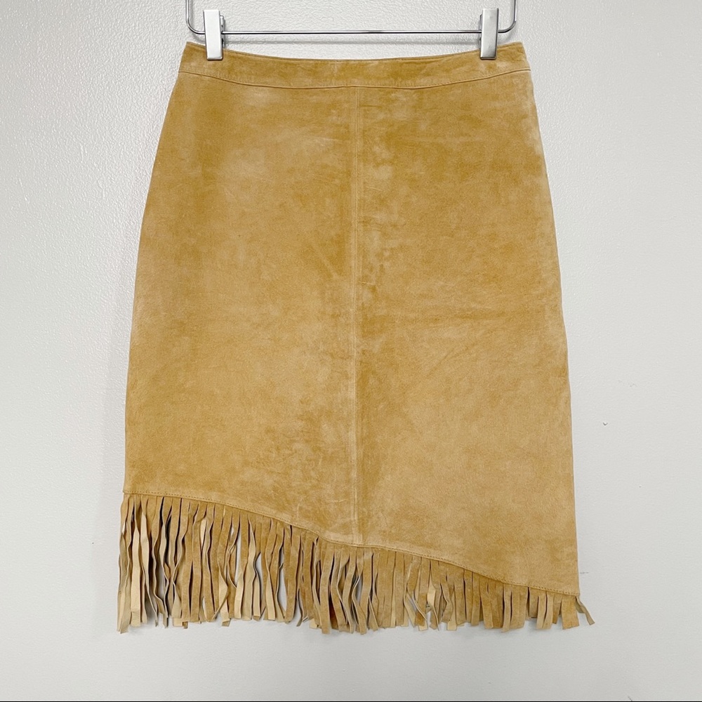 Newport News Womens Skirt Easy Style Tan Suede Fringed Straight Size 8 Vintage